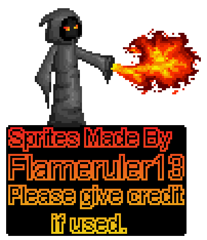 A pixel art hooded reaper shooting fire, above flaming text reading "Sprites Made By Flameruler13, Please give credit if used."