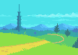 Pixel art of a yellow road winding over green hills toward a tall spire on the horizon